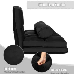 Schlafsofa mit 2 Kissen Sofabett mit 6 Stufig Verstellbarer Rücklehne Lazy Sofa Schwarz
