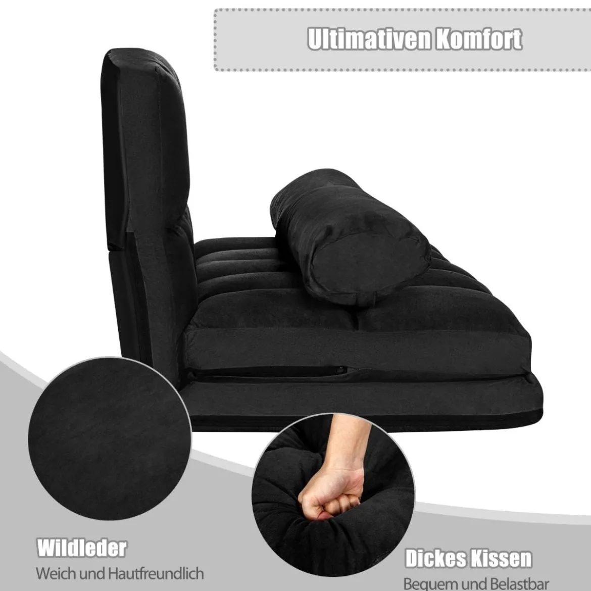 Schlafsofa mit 2 Kissen Sofabett mit 6 Stufig Verstellbarer Rücklehne Lazy Sofa Schwarz