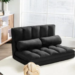 Schlafsofa mit 2 Kissen Sofabett mit 6 Stufig Verstellbarer Rücklehne Lazy Sofa Schwarz