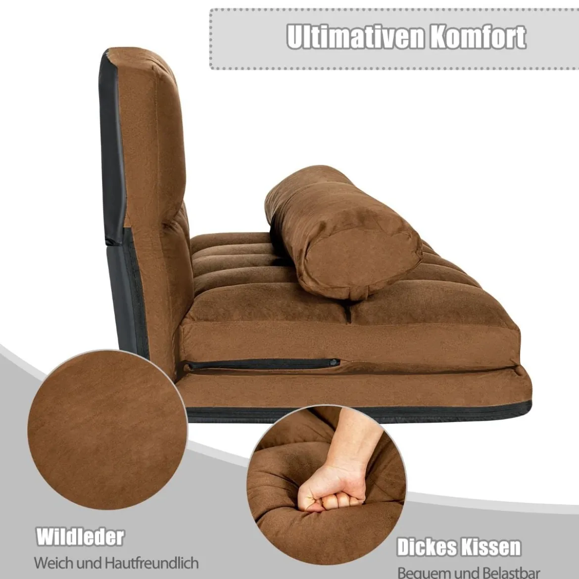 Schlafsofa mit 2 Kissen Sofabett mit 6 Stufig Verstellbarer Rücklehne Lazy Sofa Braun