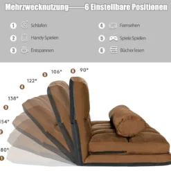 Schlafsofa mit 2 Kissen Sofabett mit 6 Stufig Verstellbarer Rücklehne Lazy Sofa Braun