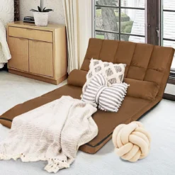 Schlafsofa mit 2 Kissen Sofabett mit 6 Stufig Verstellbarer Rücklehne Lazy Sofa Braun