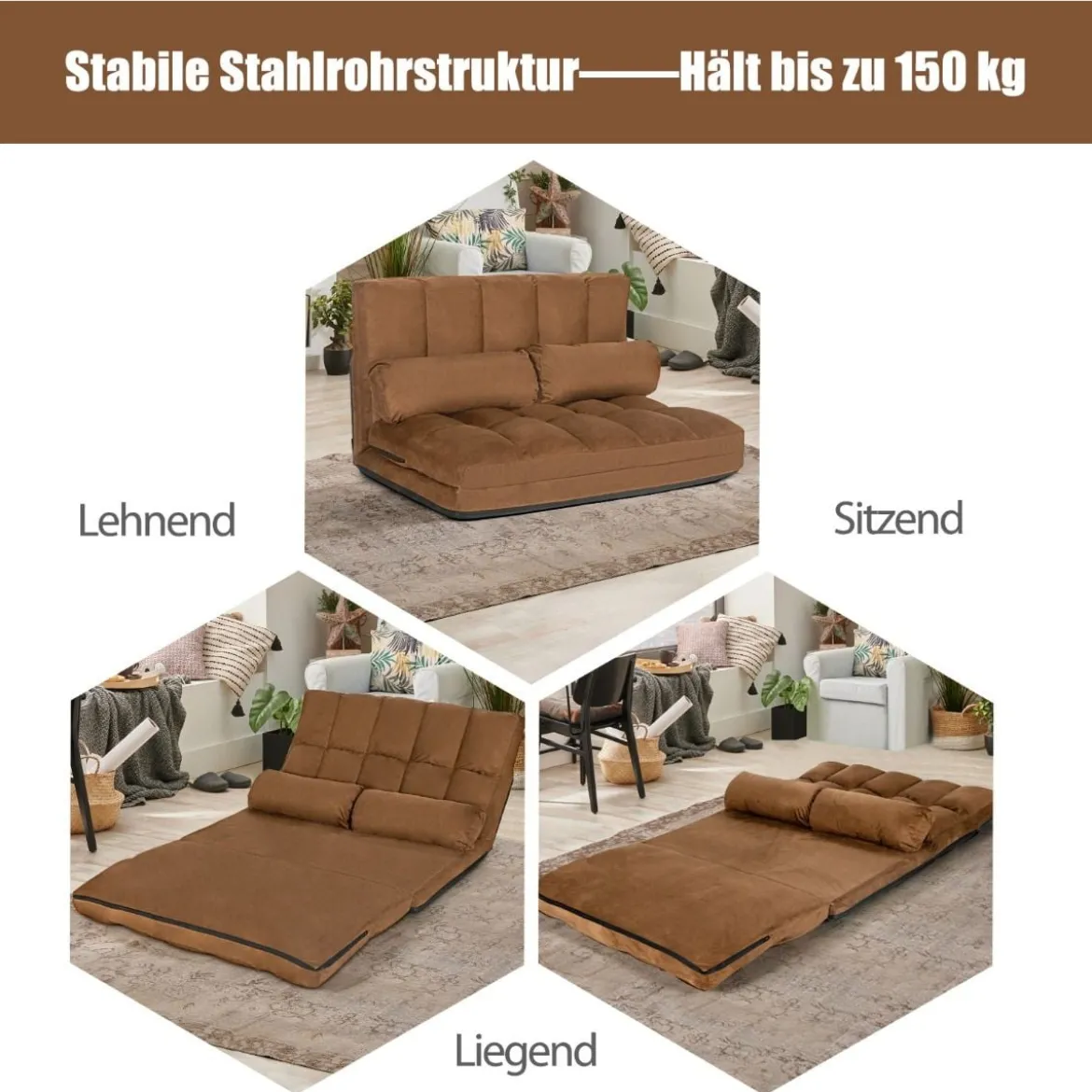 Schlafsofa mit 2 Kissen Sofabett mit 6 Stufig Verstellbarer Rücklehne Lazy Sofa Braun