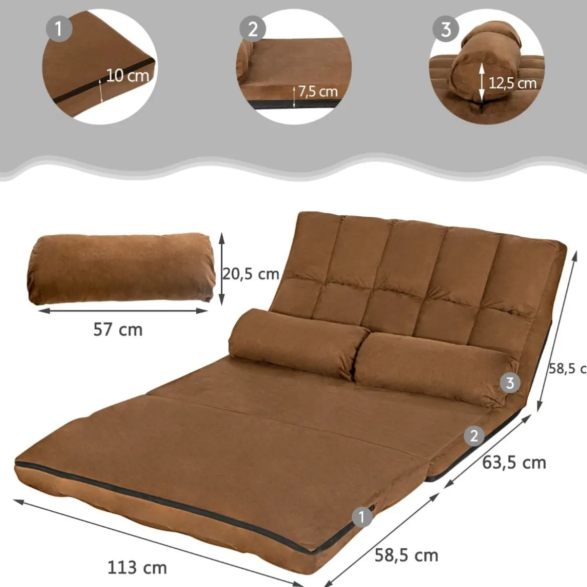 Schlafsofa mit 2 Kissen Sofabett mit 6 Stufig Verstellbarer Rücklehne Lazy Sofa Braun