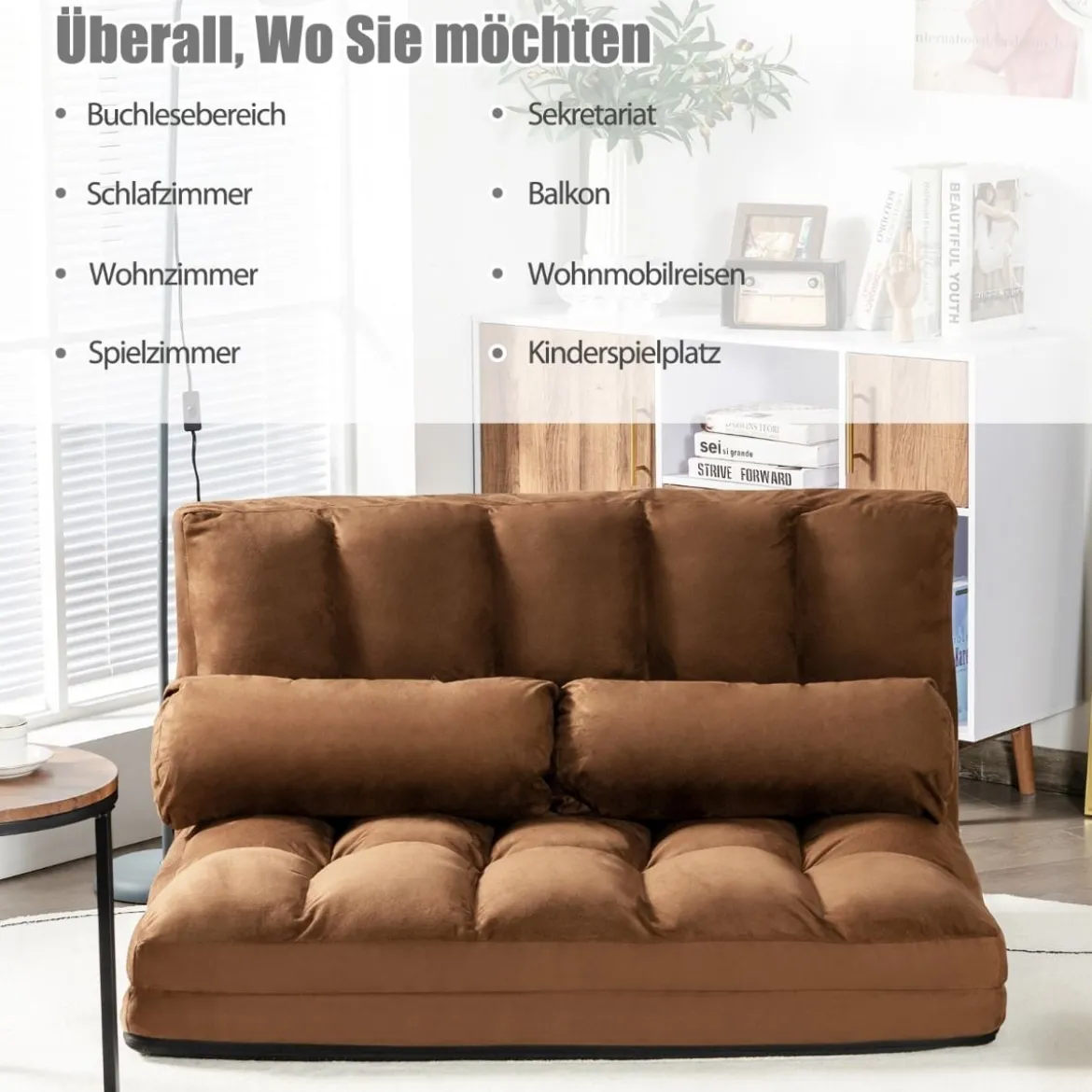 Schlafsofa mit 2 Kissen Sofabett mit 6 Stufig Verstellbarer Rücklehne Lazy Sofa Braun