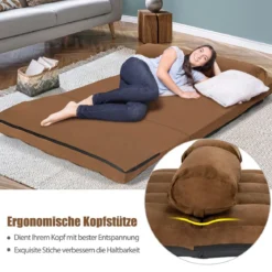 Schlafsofa mit 2 Kissen Sofabett mit 6 Stufig Verstellbarer Rücklehne Lazy Sofa Braun
