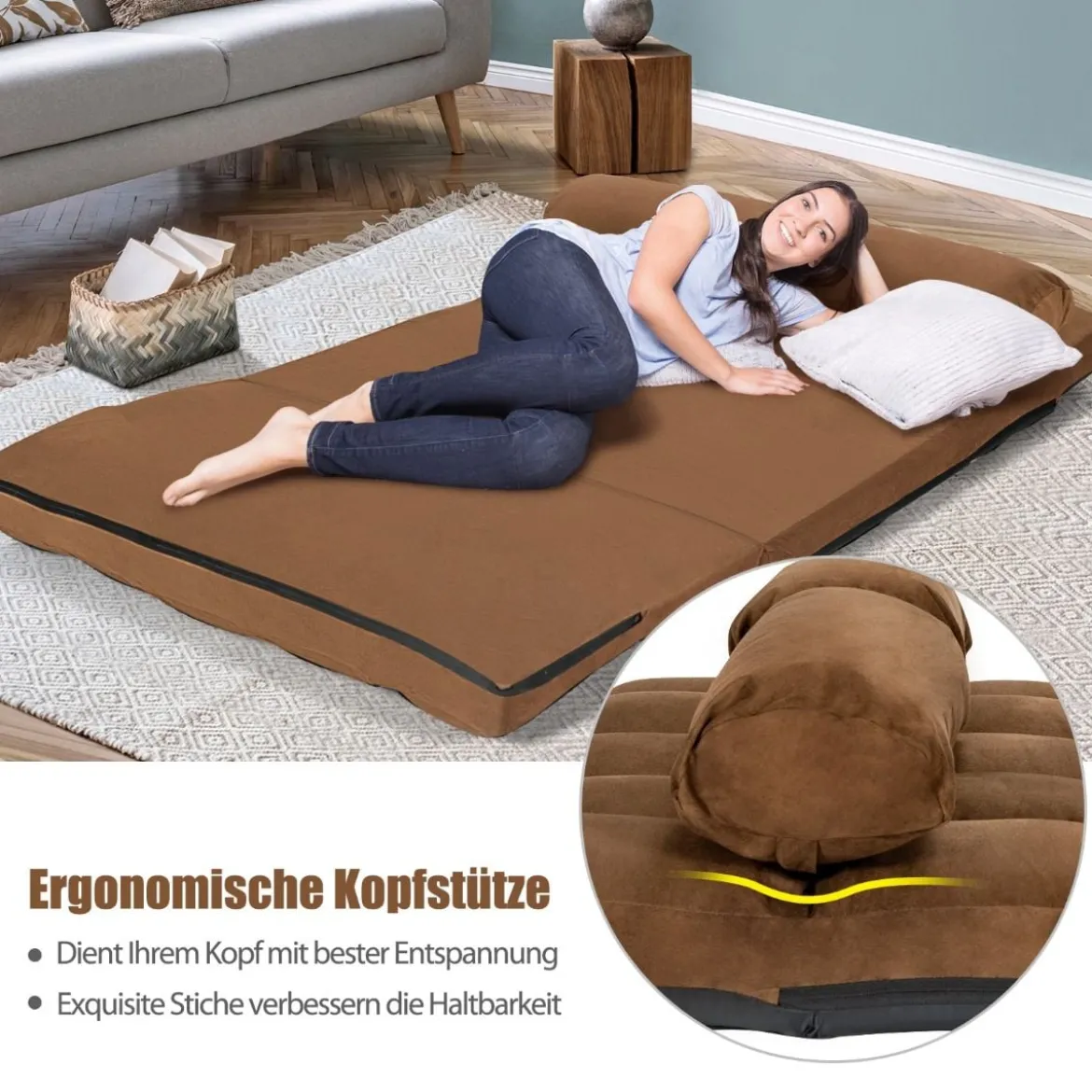 Schlafsofa mit 2 Kissen Sofabett mit 6 Stufig Verstellbarer Rücklehne Lazy Sofa Braun