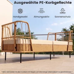 Schlafsofa Outdoor Rattan Sofabett mit Armlehnen Stabilem Metallrahmen bis 360 kg Belastbar