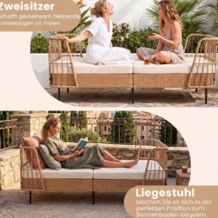 Schlafsofa Outdoor Rattan Sofabett mit Armlehnen Stabilem Metallrahmen bis 360 kg Belastbar