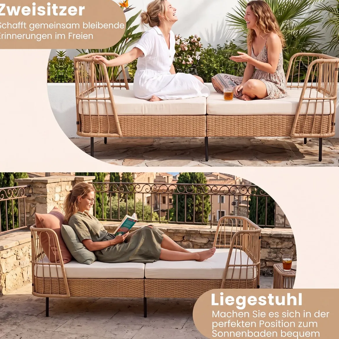 Schlafsofa Outdoor Rattan Sofabett mit Armlehnen Stabilem Metallrahmen bis 360 kg Belastbar