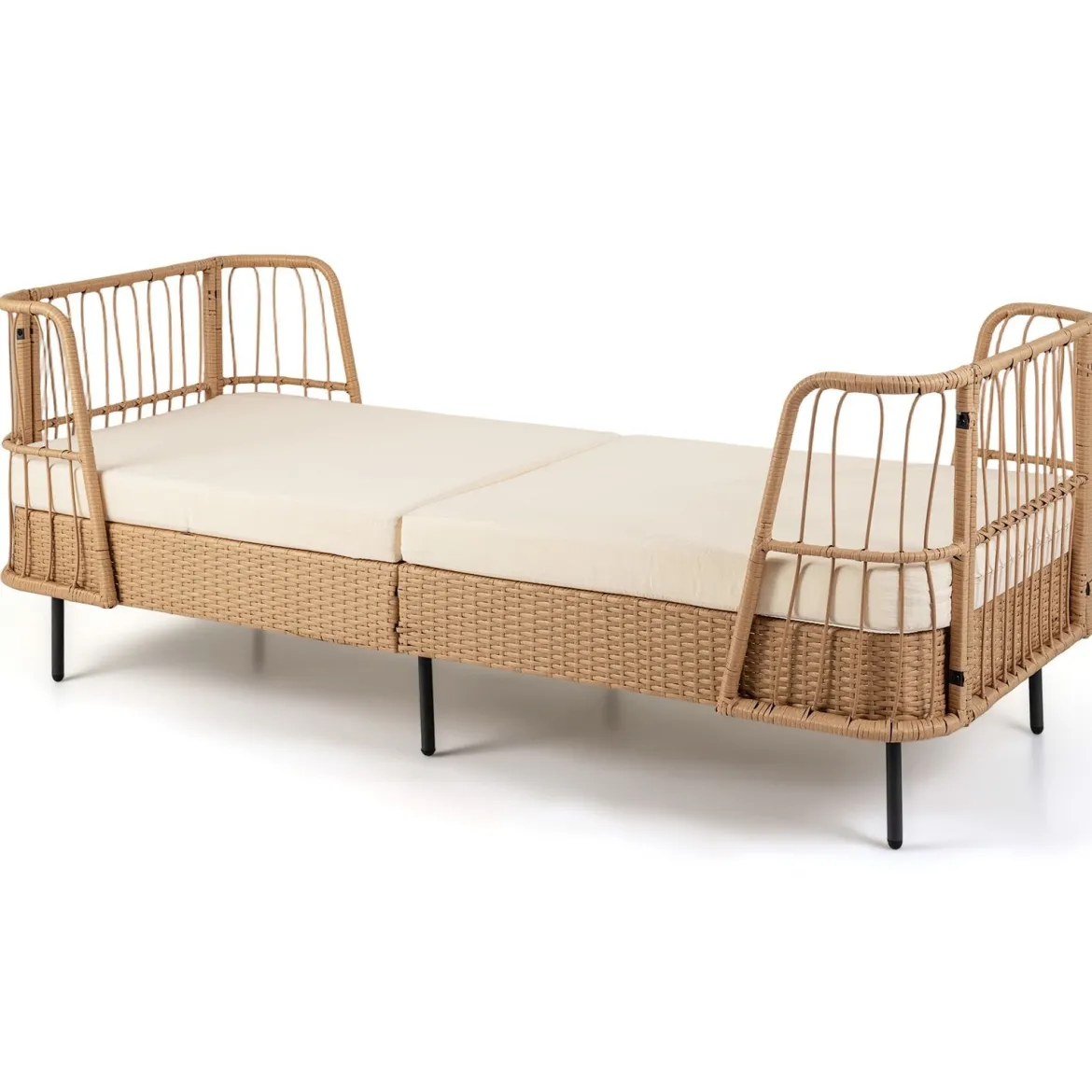 Schlafsofa Outdoor Rattan Sofabett mit Armlehnen Stabilem Metallrahmen bis 360 kg Belastbar
