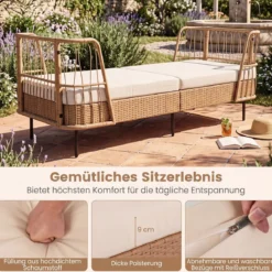 Schlafsofa Outdoor Rattan Sofabett mit Armlehnen Stabilem Metallrahmen bis 360 kg Belastbar