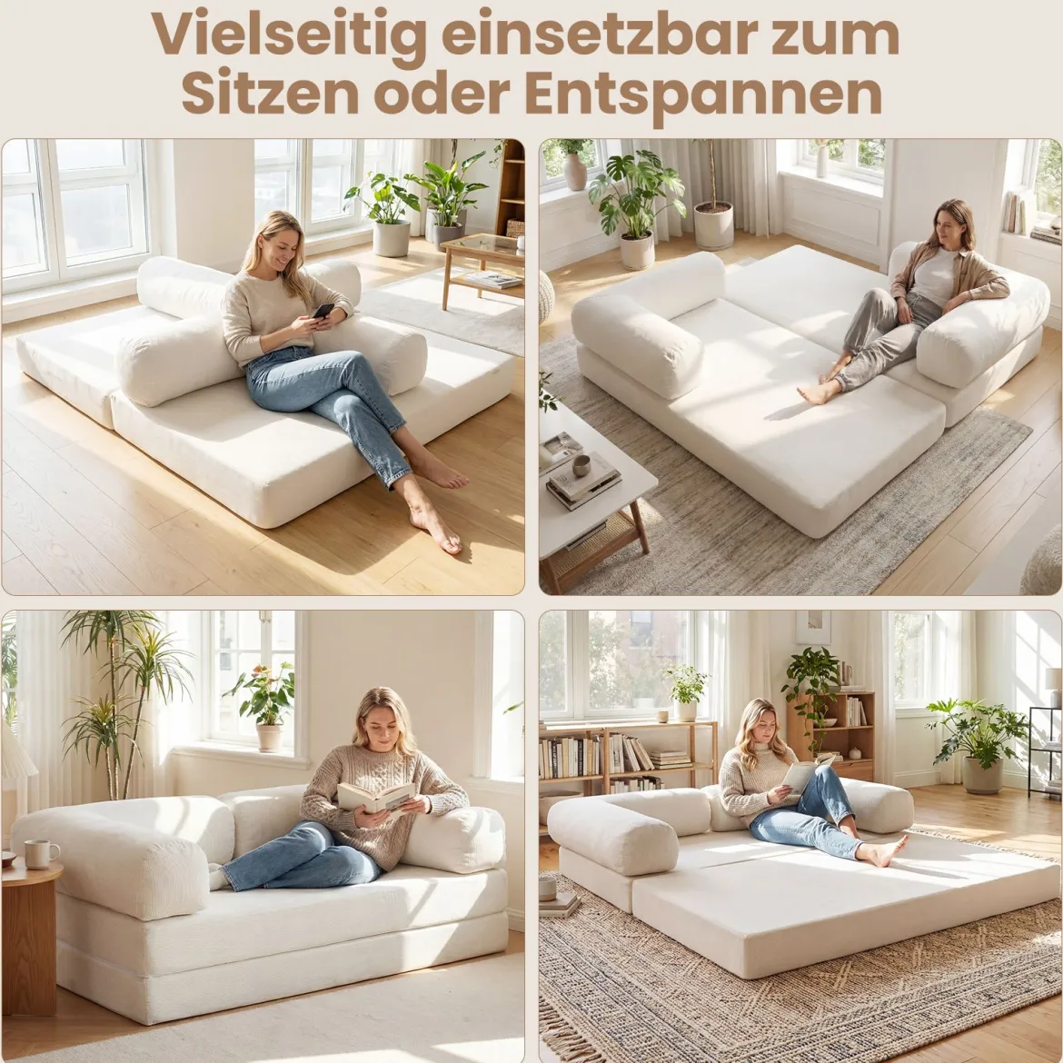 Schlafsofa 2-Sitzer Schlafsessel mit Abnehmbaren Armlehnen & Rückenlehne Faltbarer Schlafcouch Beige