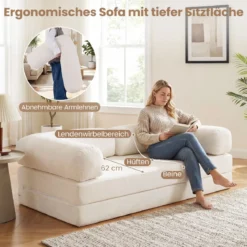 Schlafsofa 2-Sitzer Schlafsessel mit Abnehmbaren Armlehnen & Rückenlehne Faltbarer Schlafcouch Beige
