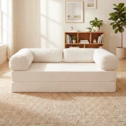 Schlafsofa 2-Sitzer Schlafsessel mit Abnehmbaren Armlehnen & Rückenlehne Faltbarer Schlafcouch Beige
