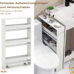 Schlanker Aufbewahrungswagen mit 4 Ebenen schmaler mobiler Servierwagen mit offenen Regalen Weiß