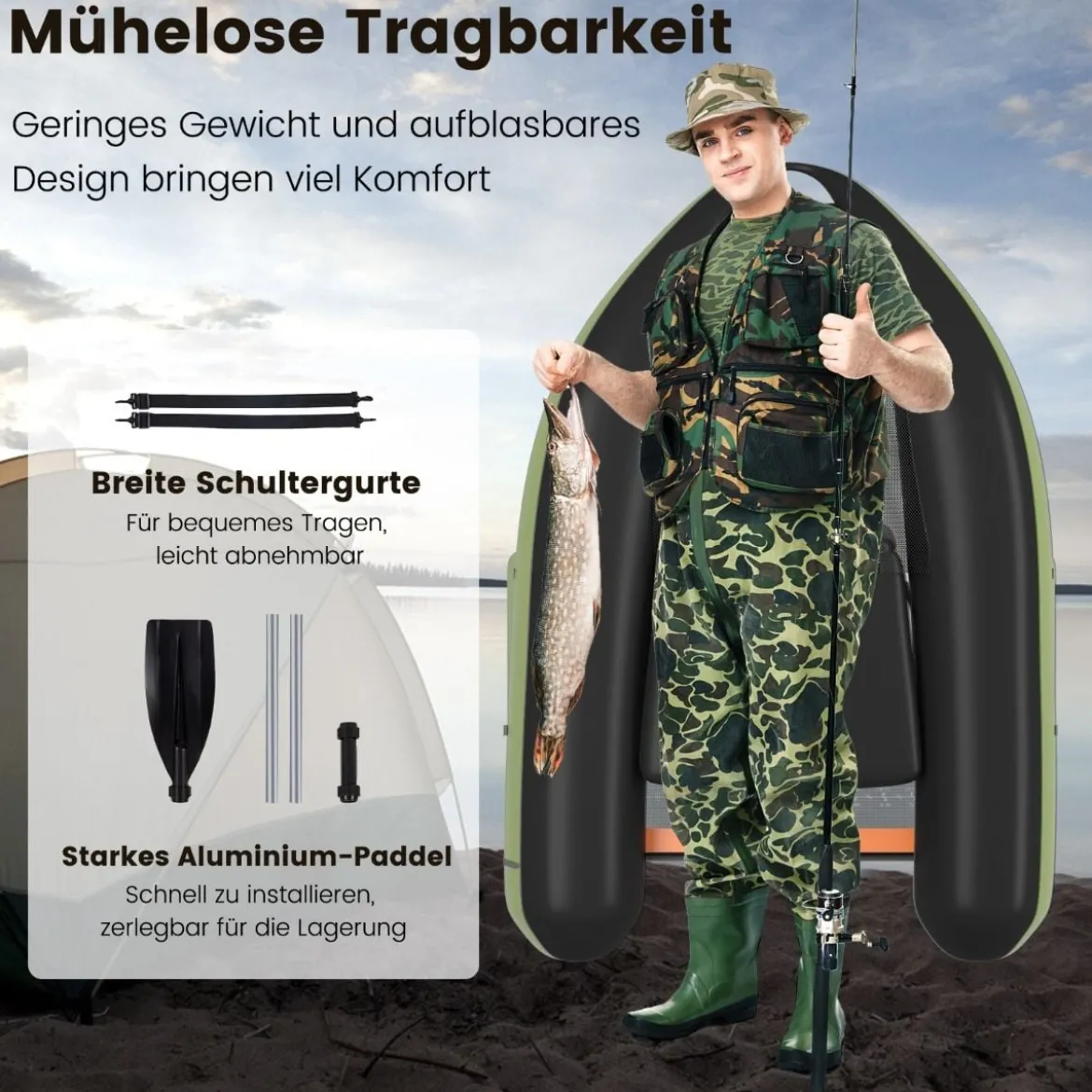 Schlauchboot Angelboot Aufblasbarer Schwimmreifen mit Gurten 136 x 105 x 53 cm Grün