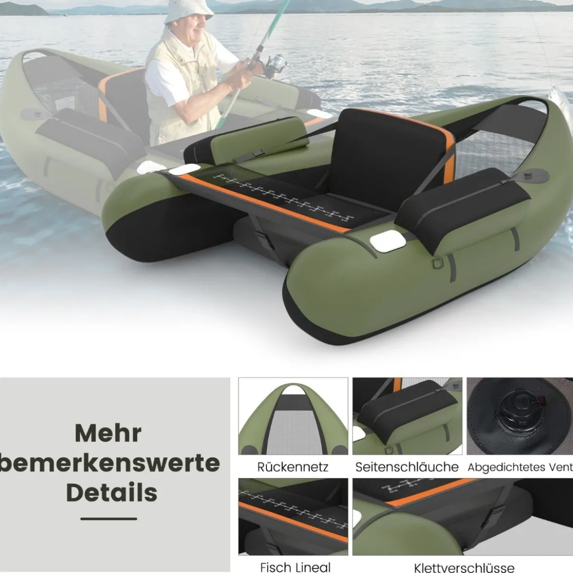 Schlauchboot Angelboot Aufblasbarer Schwimmreifen mit Gurten 136 x 105 x 53 cm Grün