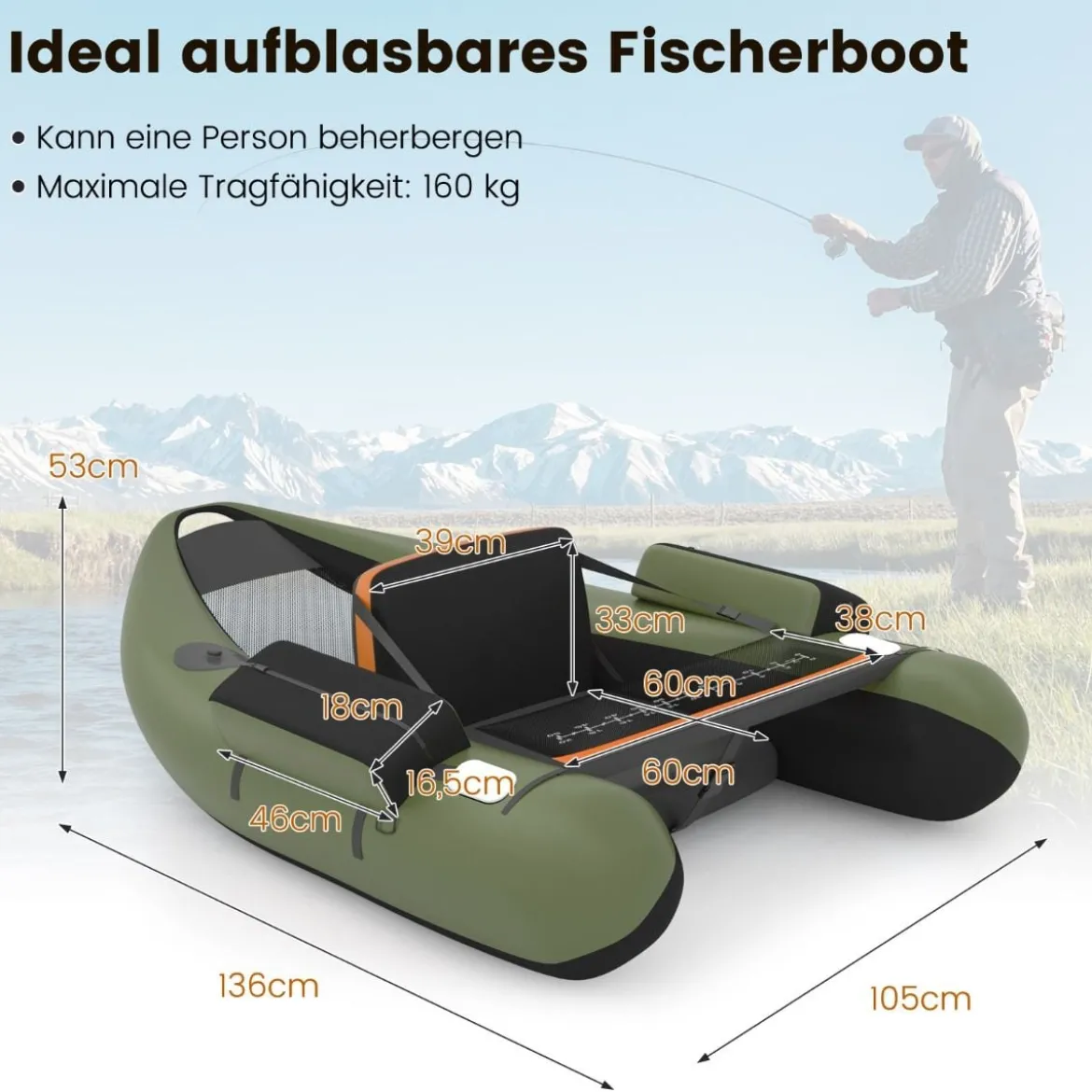 Schlauchboot Angelboot Aufblasbarer Schwimmreifen mit Gurten 136 x 105 x 53 cm Grün
