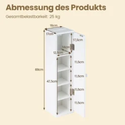 Schmal Badezimmerschrank mit 3 Abnehmbaren Regalen 16cm Breit Toilettenschrank Weiß
