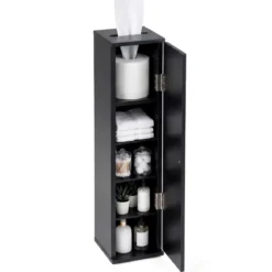 Schmal Badezimmerschrank mit 3 Abnehmbaren Regalen 16cm Breit Toilettenschrank Schwarz