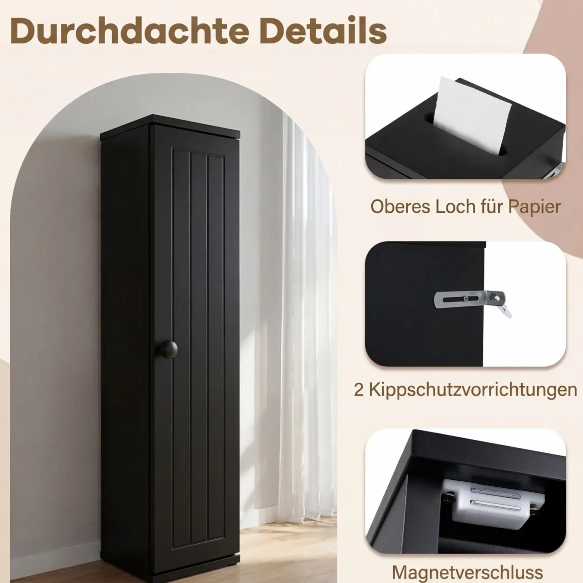 Schmal Badezimmerschrank mit 3 Abnehmbaren Regalen 16cm Breit Toilettenschrank Schwarz