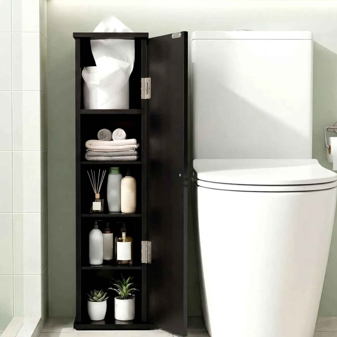 Schmal Badezimmerschrank mit 3 Abnehmbaren Regalen 16cm Breit Toilettenschrank Schwarz