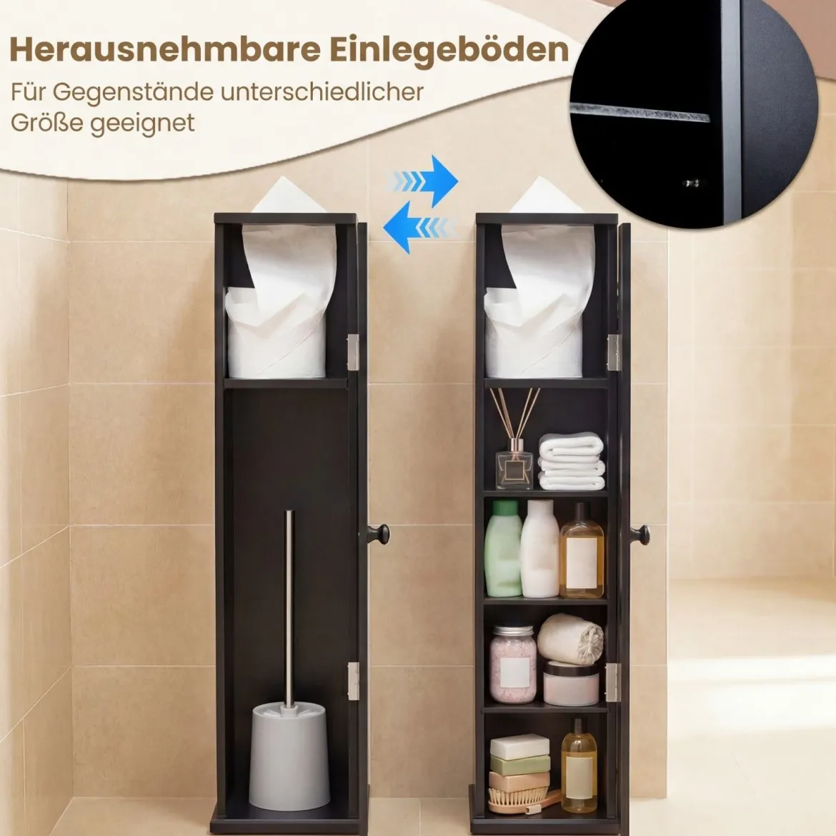 Schmal Badezimmerschrank mit 3 Abnehmbaren Regalen 16cm Breit Toilettenschrank Schwarz