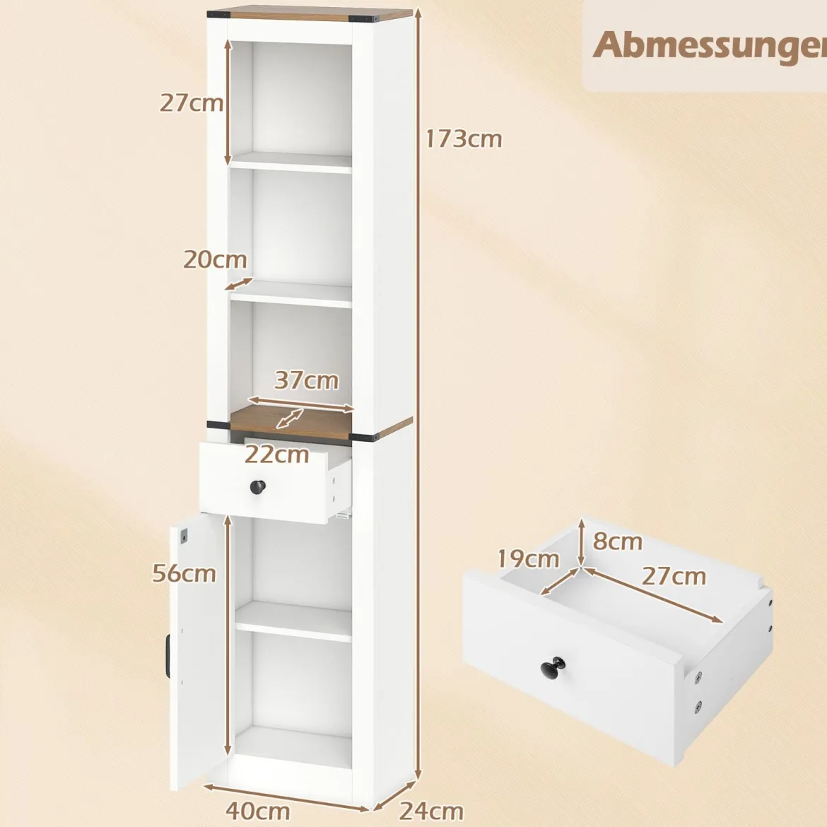 Schmaler Badezimmerschrank mit Schublade & Verstellbarem Regal Badschrank Hochschrank Weiß