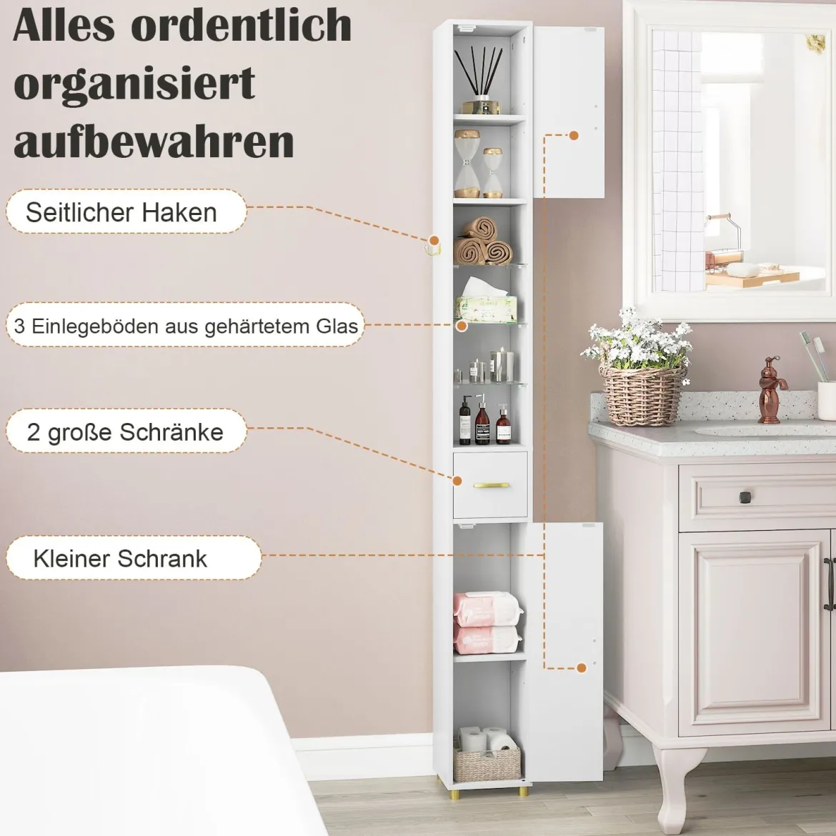 Schmaler Badezimmerschrank mit Beleuchtung & Schublade & 3 Glasablagen Badschrank Weiß