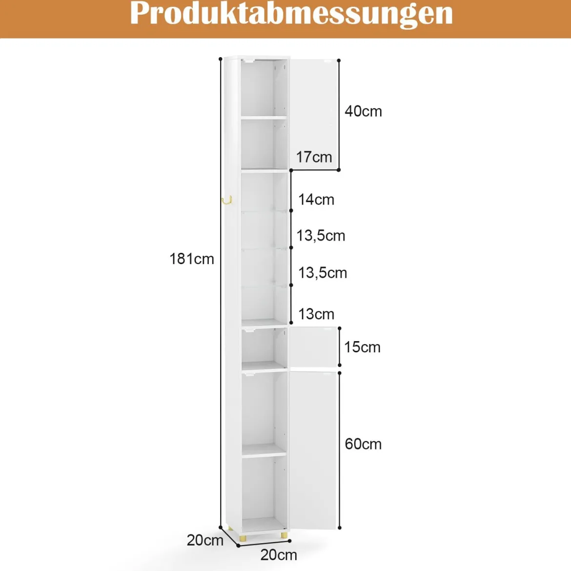 Schmaler Badezimmerschrank mit Beleuchtung & Schublade & 3 Glasablagen Badschrank Weiß