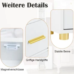 Schmaler Badezimmerschrank mit Beleuchtung & Schublade & 3 Glasablagen Badschrank Weiß