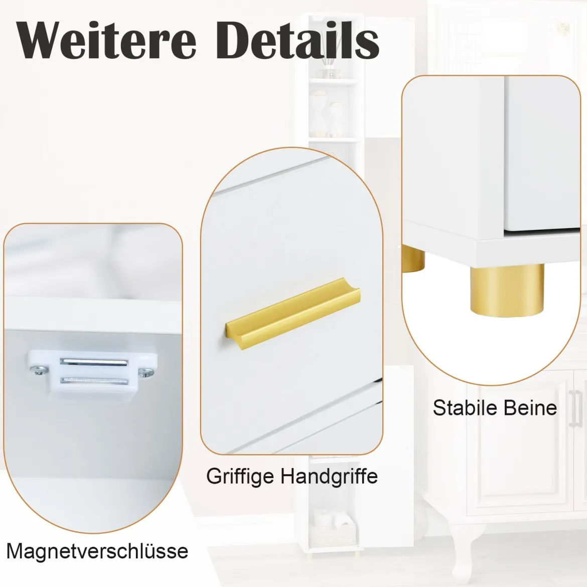 Schmaler Badezimmerschrank mit Beleuchtung & Schublade & 3 Glasablagen Badschrank Weiß