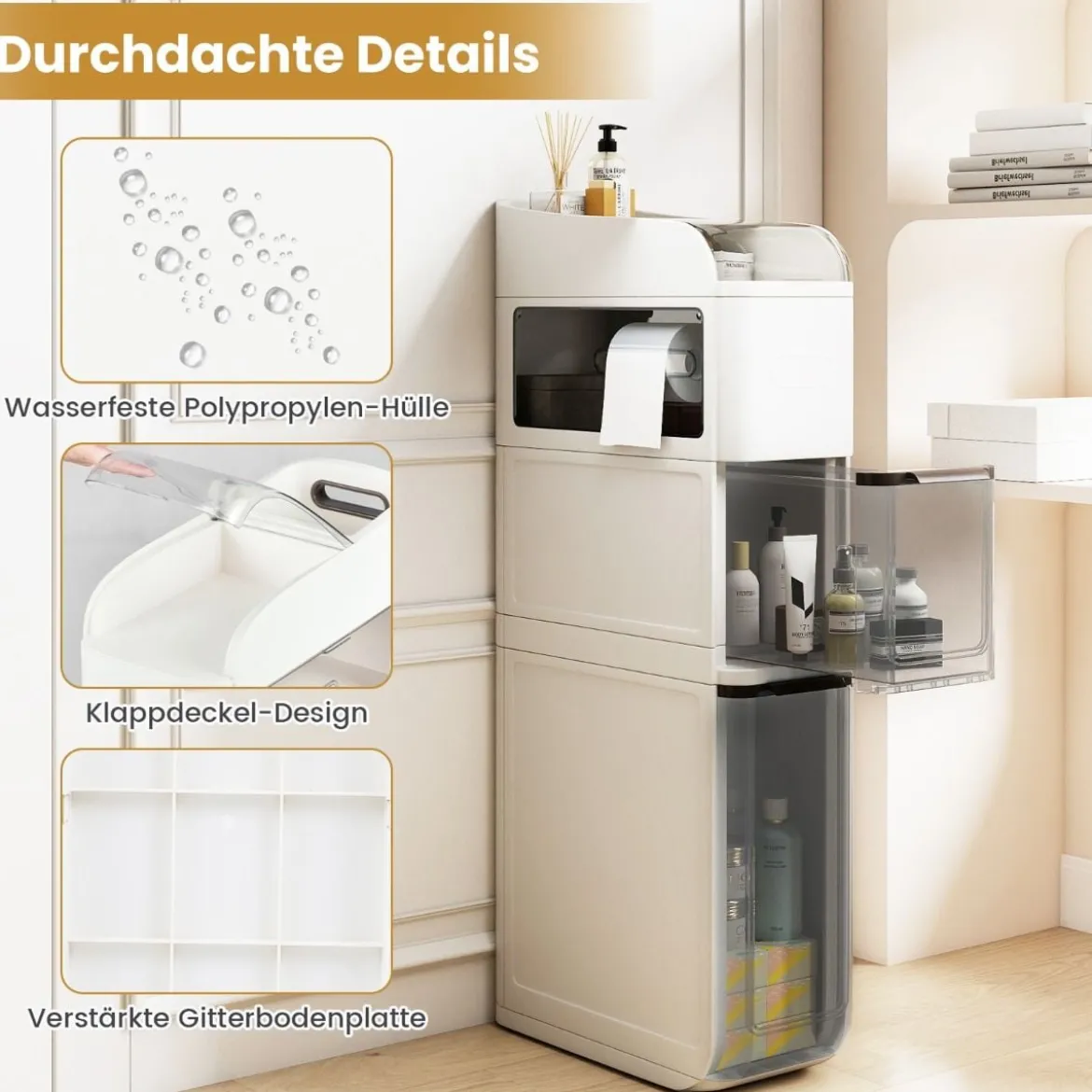 Schmaler Badezimmerschrank mit 2 Schubladen & Taschentuchbox Platzsparender Badschrank Weiß