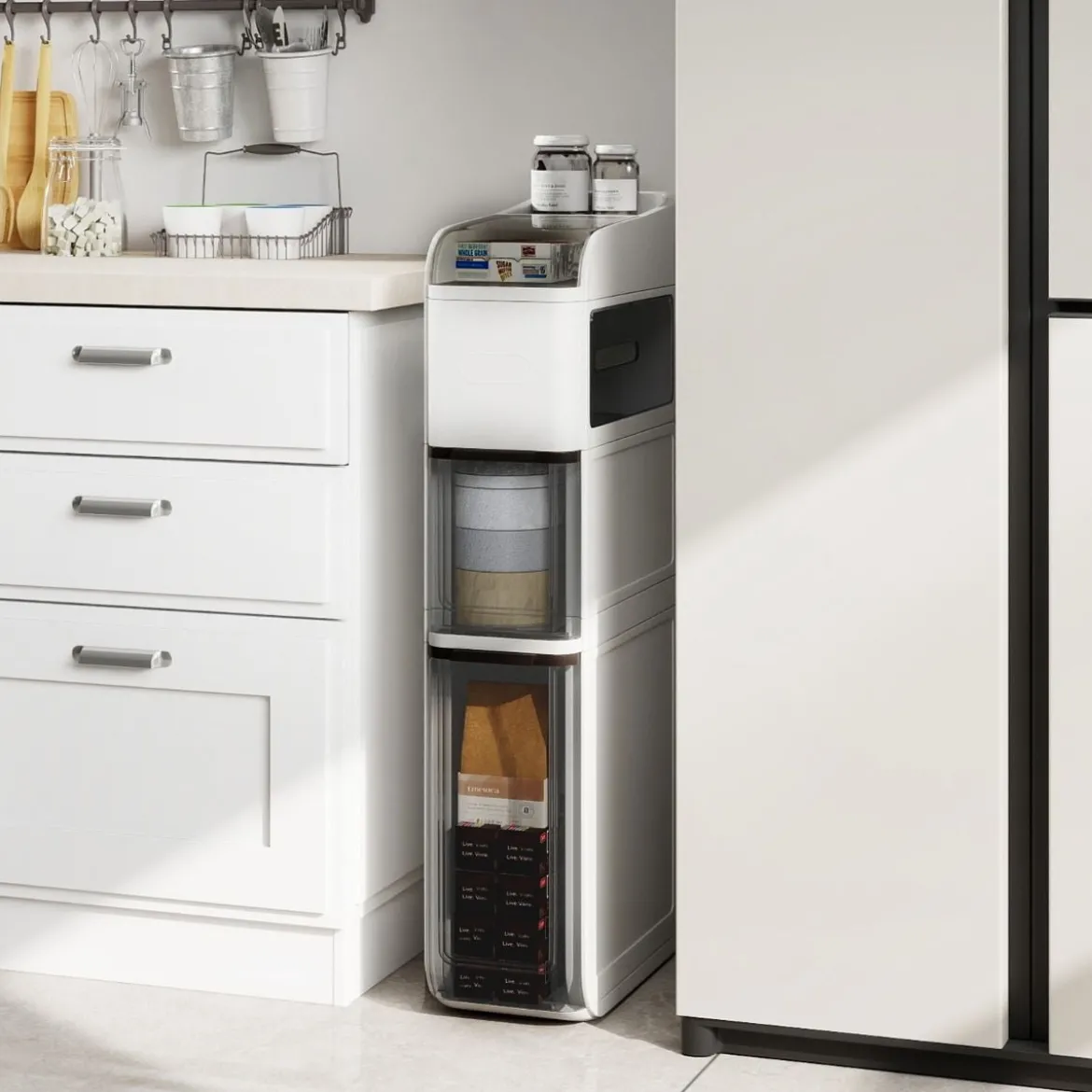 Schmaler Badezimmerschrank mit 2 Schubladen & Taschentuchbox Platzsparender Badschrank Weiß