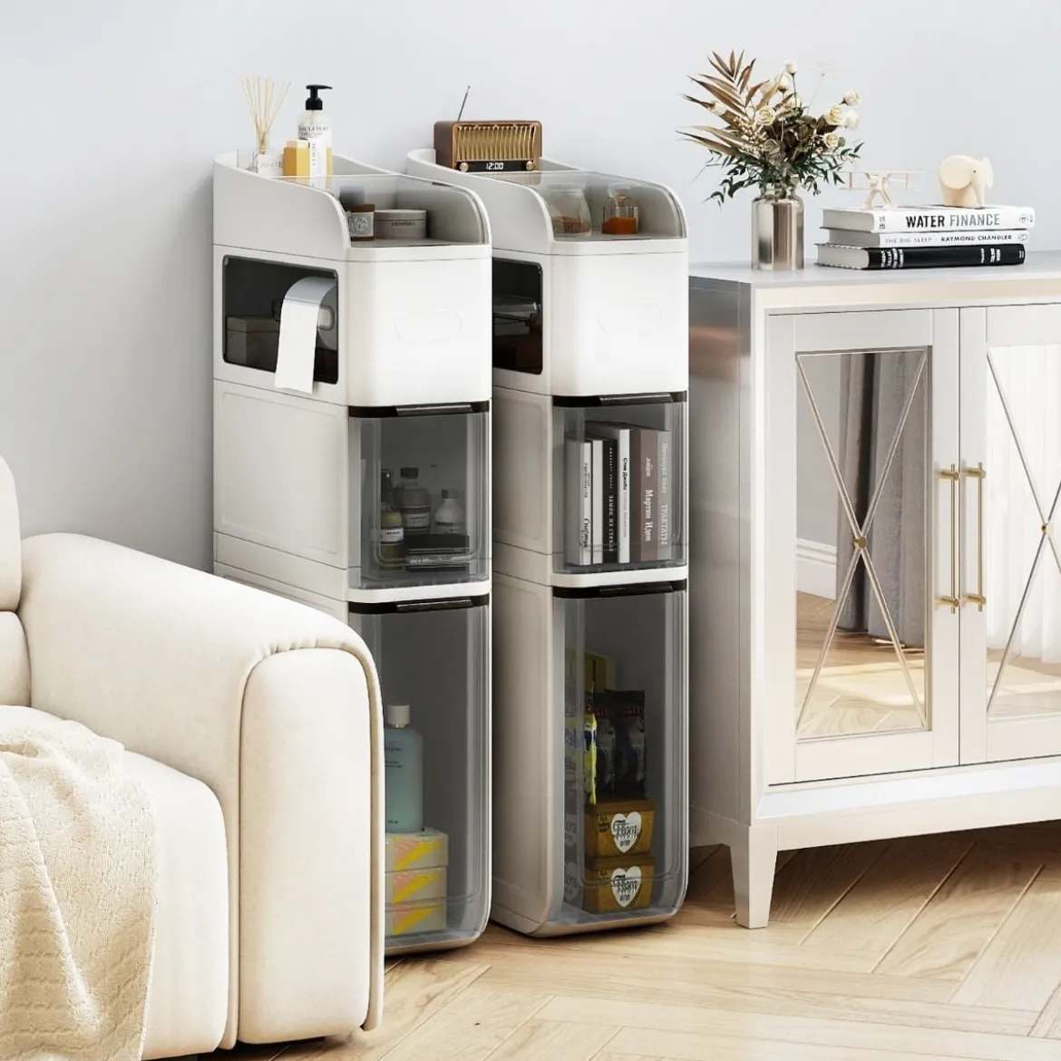 Schmaler Badezimmerschrank mit 2 Schubladen & Taschentuchbox Platzsparender Badschrank Weiß