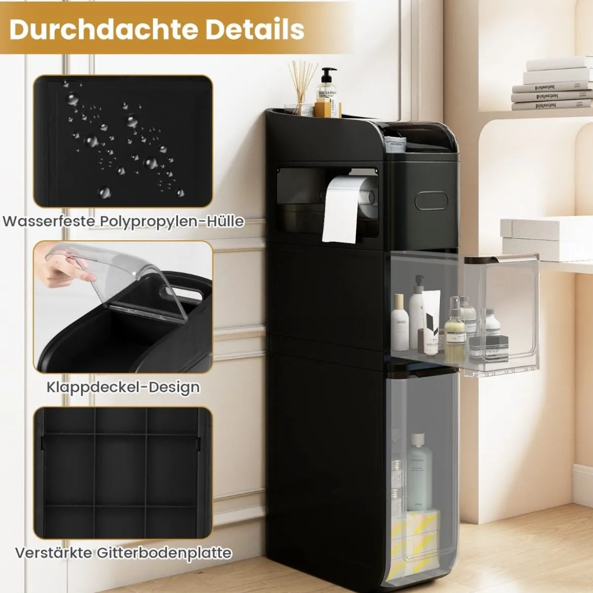 Schmaler Badezimmerschrank mit 2 Schubladen & Taschentuchbox Platzsparender Badschrank Schwarz