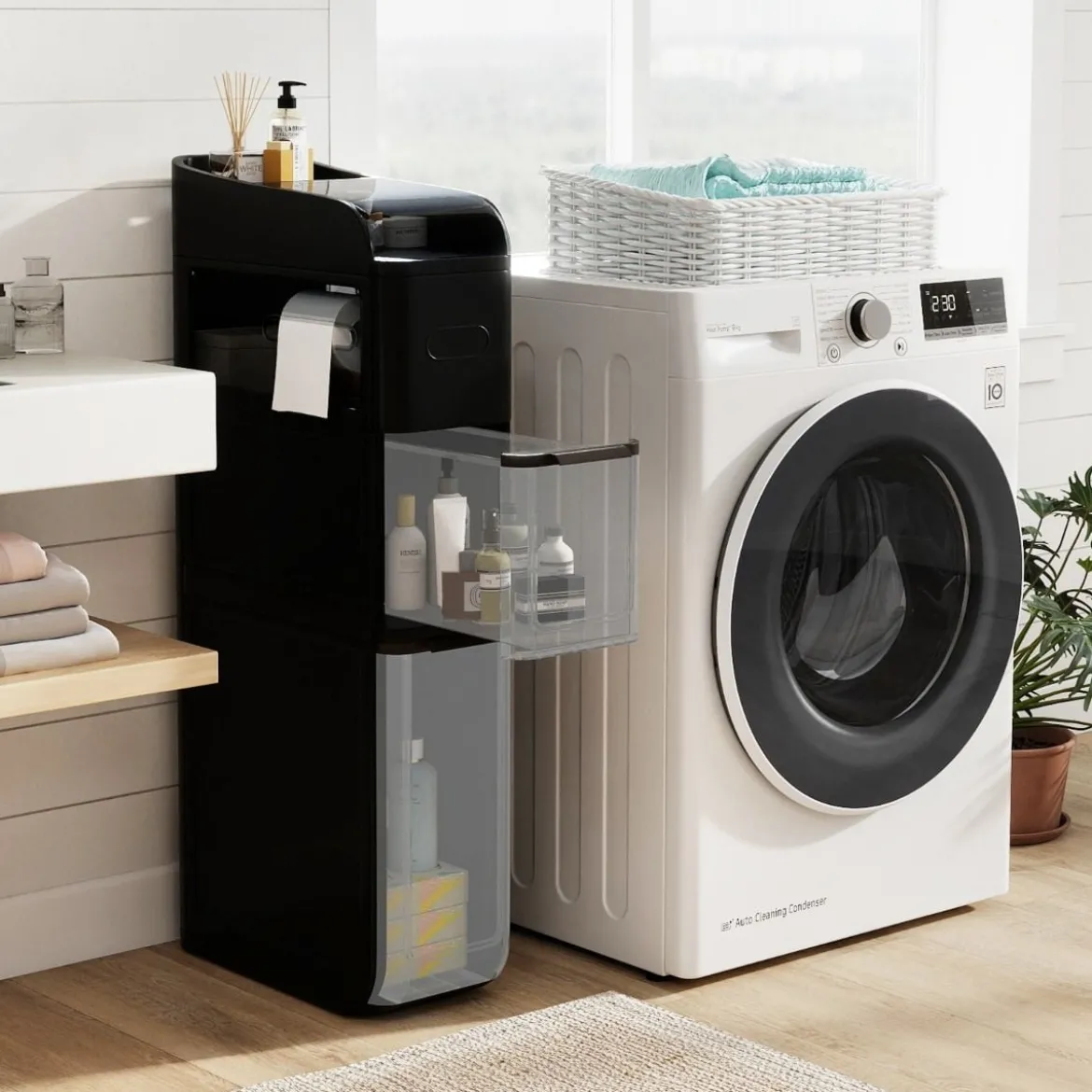 Schmaler Badezimmerschrank mit 2 Schubladen & Taschentuchbox Platzsparender Badschrank Schwarz