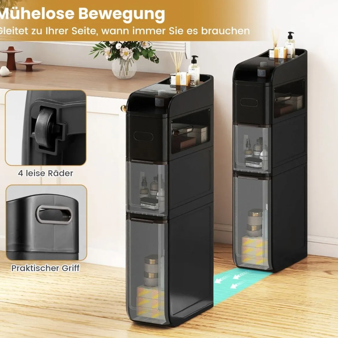 Schmaler Badezimmerschrank mit 2 Schubladen & Taschentuchbox Platzsparender Badschrank Schwarz
