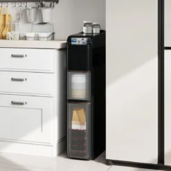 Schmaler Badezimmerschrank mit 2 Schubladen & Taschentuchbox Platzsparender Badschrank Schwarz