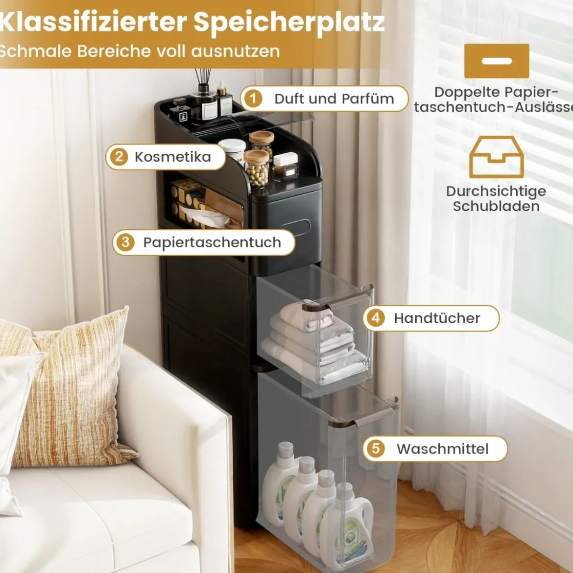 Schmaler Badezimmerschrank mit 2 Schubladen & Taschentuchbox Platzsparender Badschrank Schwarz
