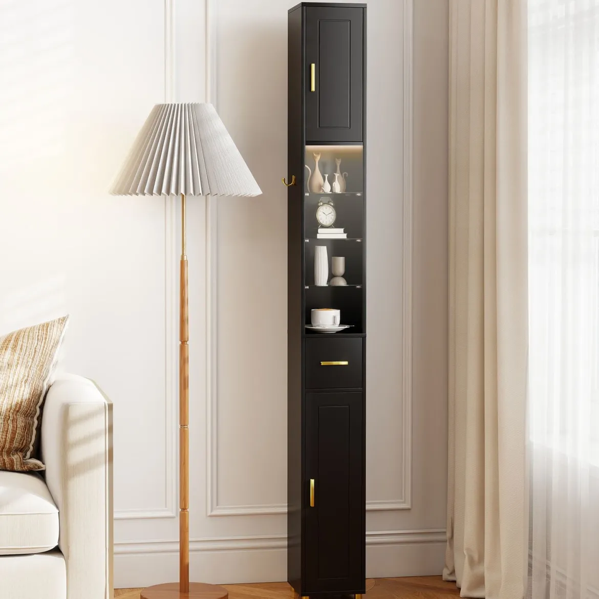 Schmaler Badezimmerschrank mit Beleuchtung & Schublade & 3 Glasablagen Badschrank Schwarz