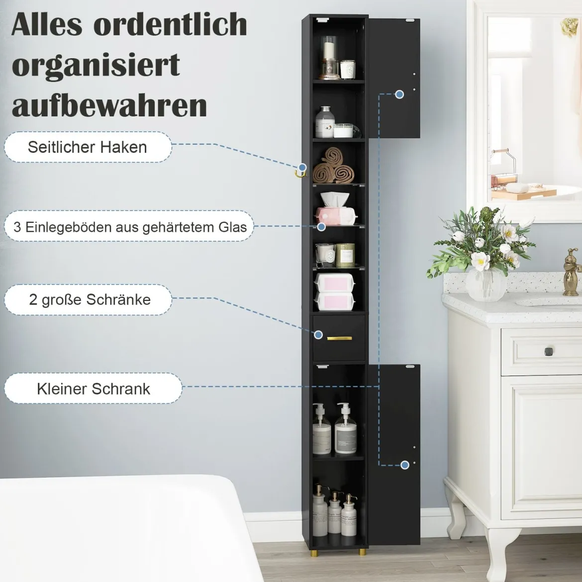Schmaler Badezimmerschrank mit Beleuchtung & Schublade & 3 Glasablagen Badschrank Schwarz