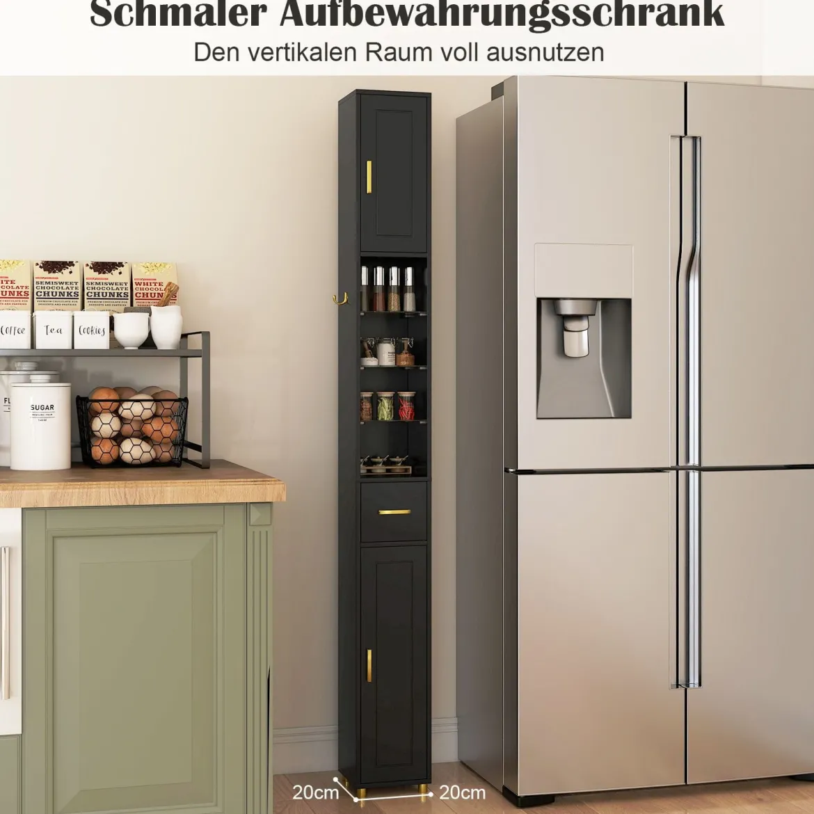 Schmaler Badezimmerschrank mit Beleuchtung & Schublade & 3 Glasablagen Badschrank Schwarz