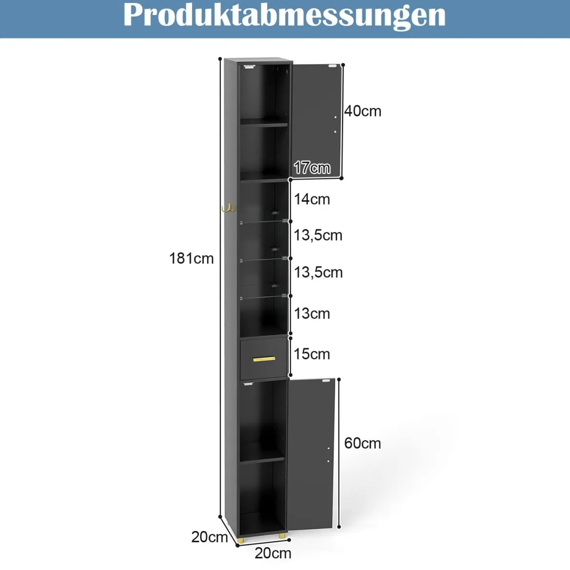 Schmaler Badezimmerschrank mit Beleuchtung & Schublade & 3 Glasablagen Badschrank Schwarz