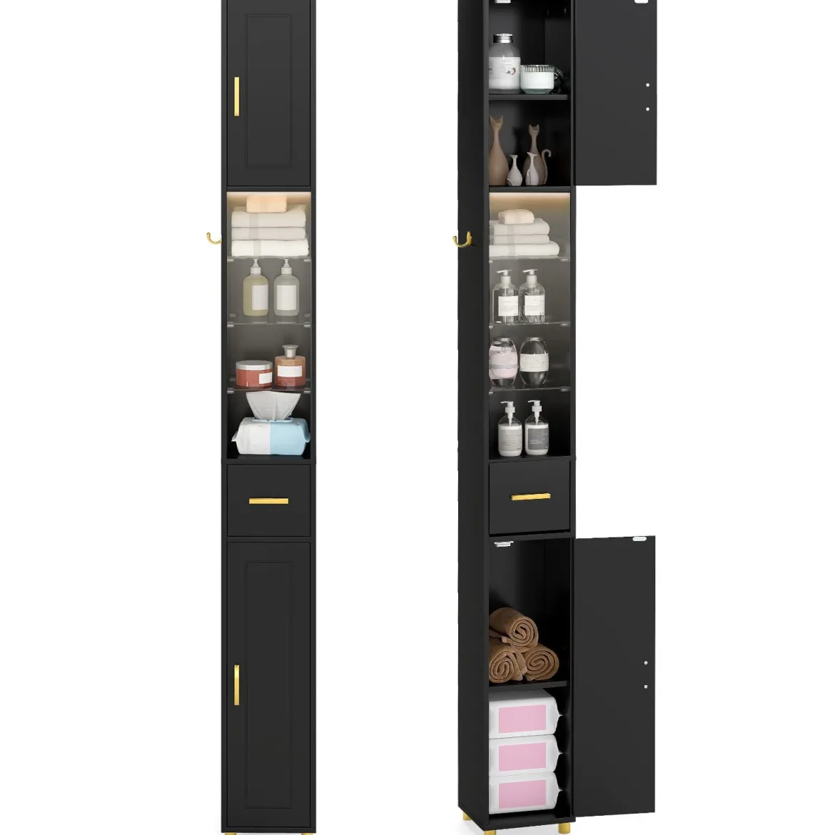 Schmaler Badezimmerschrank mit Beleuchtung & Schublade & 3 Glasablagen Badschrank Schwarz