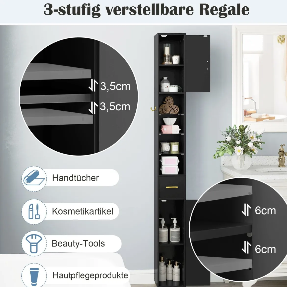 Schmaler Badezimmerschrank mit Beleuchtung & Schublade & 3 Glasablagen Badschrank Schwarz