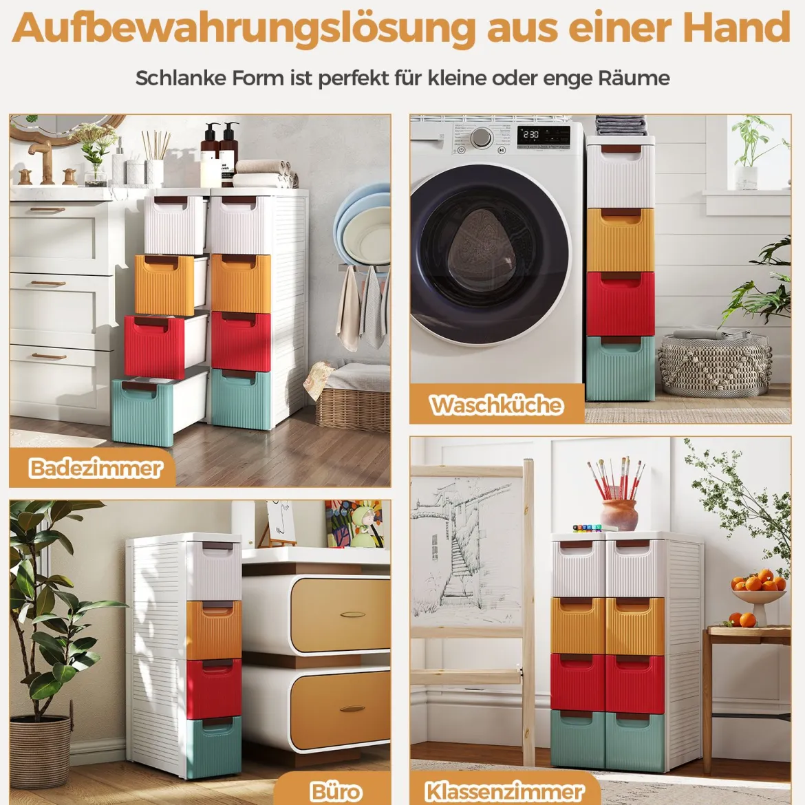 Schmaler Badezimmerschrank mit 4 Schubladen & Rädern Nischenregal Badschrank Bunt