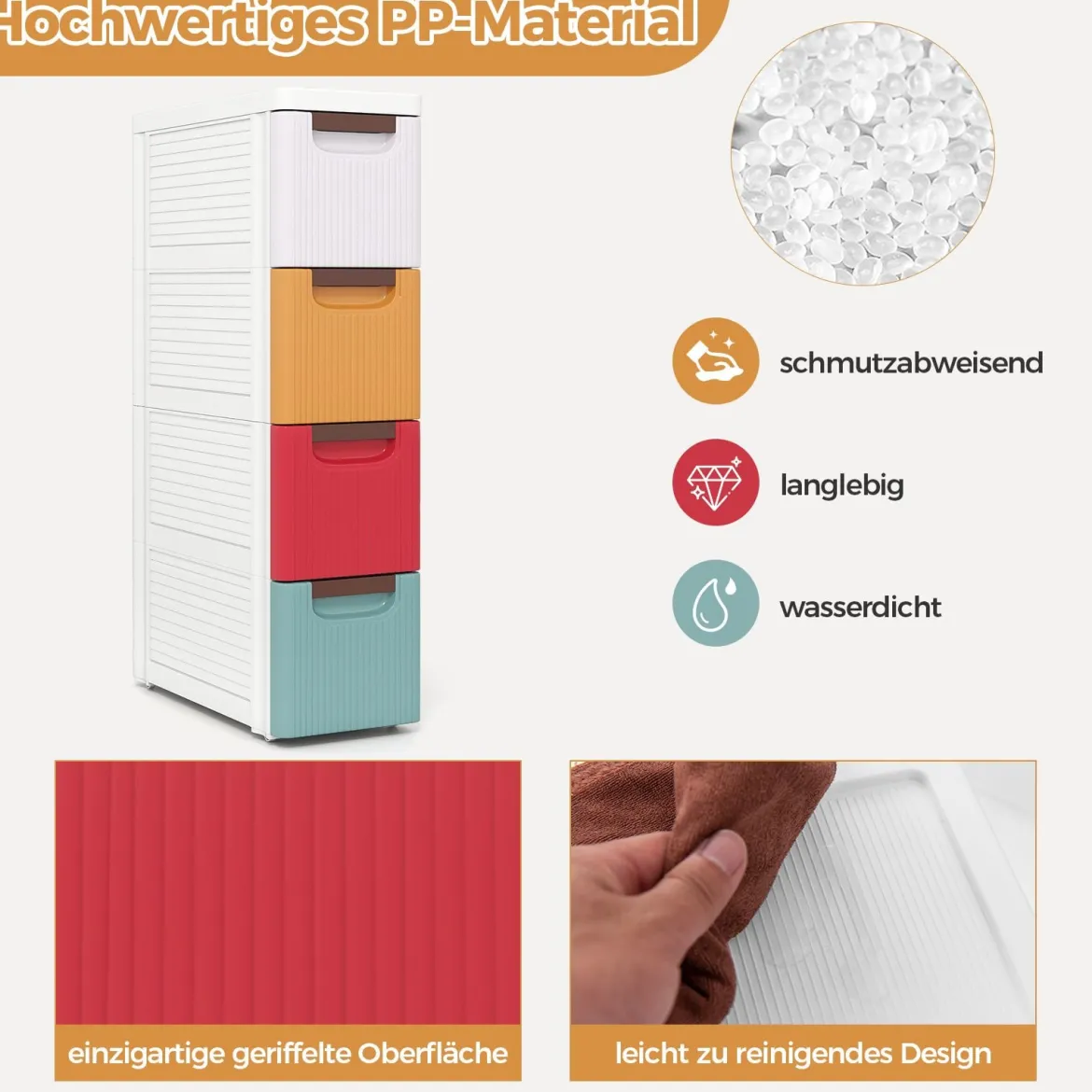 Schmaler Badezimmerschrank mit 4 Schubladen & Rädern Nischenregal Badschrank Bunt