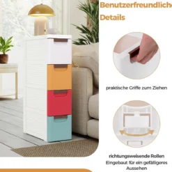 Schmaler Badezimmerschrank mit 4 Schubladen & Rädern Nischenregal Badschrank Bunt
